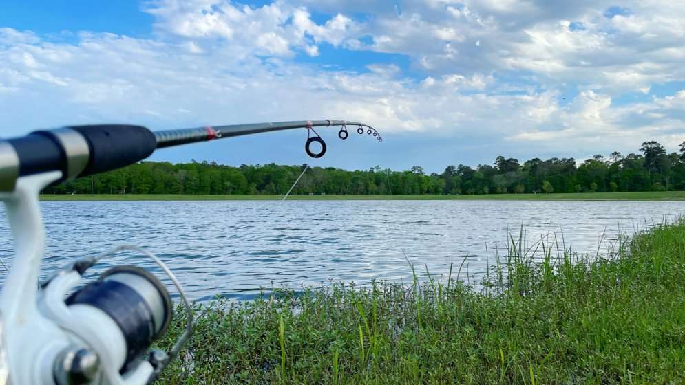 A fishing rod and reel cast into a serene lake on a sunny day.