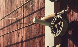 Three vintage fishing rod reels mounted on a wooden wall.