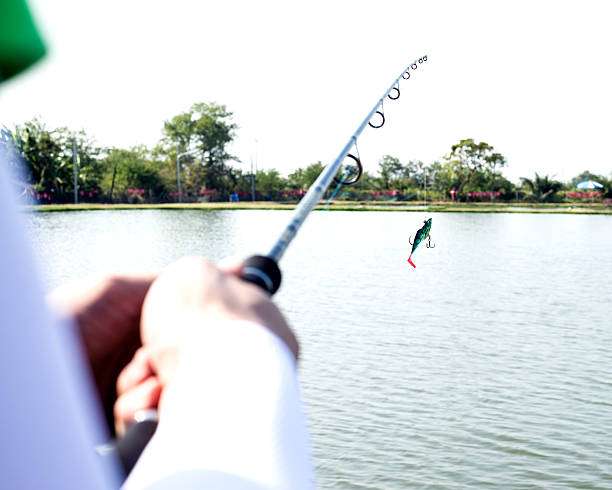 Close-up of hands casting a lure with a fishing rod into a serene lake.